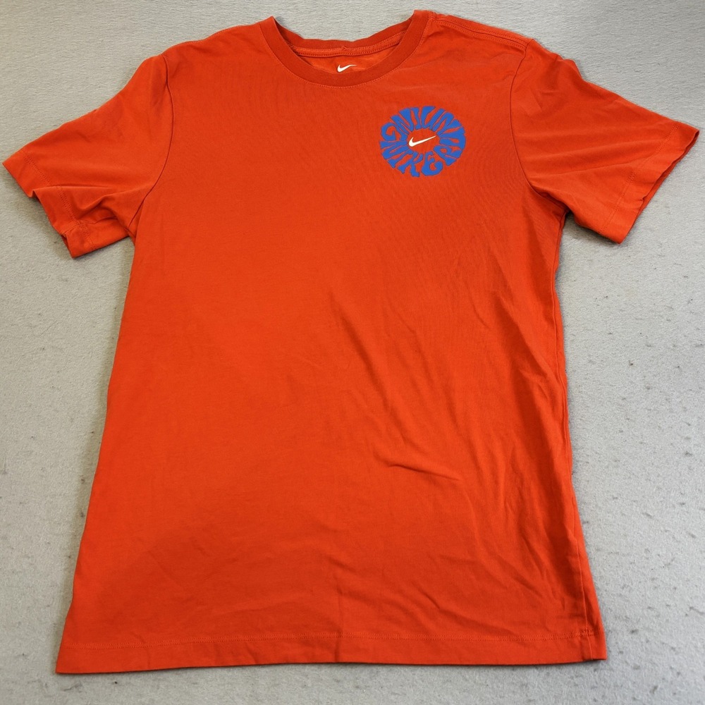 Vtg Nike Running Dri-FIT T-Shirt Mens Small Orange Graphic Globe Tee Training